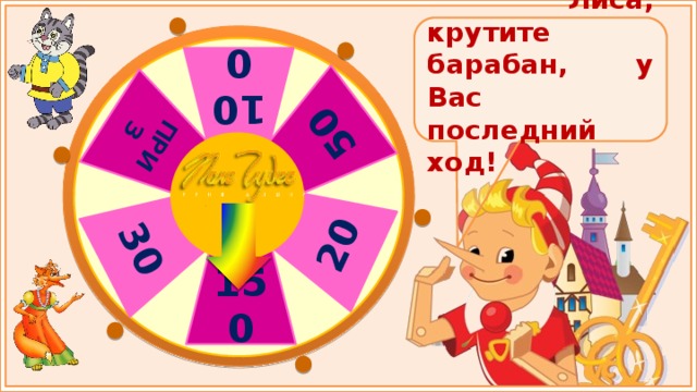 100 50 20 30 ПРИЗ  Лиса, крутите барабан, у Вас последний ход! 150 