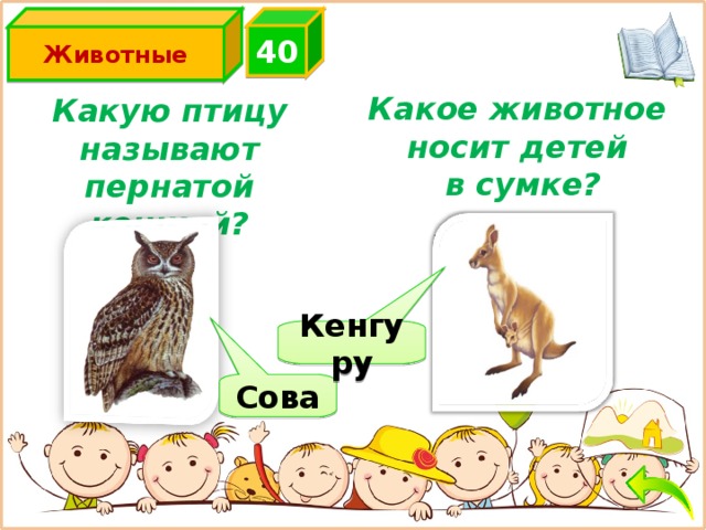 4 0 Животные Какое животное носит детей в сумке? Какую птицу называют пернатой кошкой? Кенгуру Сова 
