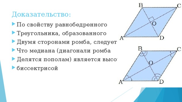 Доказательство: По свойству равнобедренного Треугольника, образованного Двумя сторонами ромба, следует, Что медиана (диагонали ромба Делятся пополам) является высотой и биссектрисой 