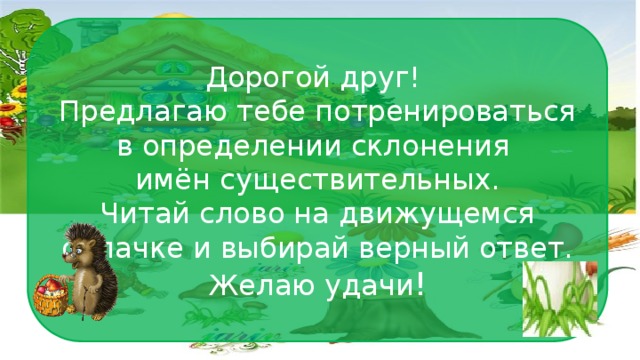 Дорогой друг! Предлагаю тебе потренироваться в определении склонения имён существительных. Читай слово на движущемся облачке и выбирай верный ответ. Желаю удачи !