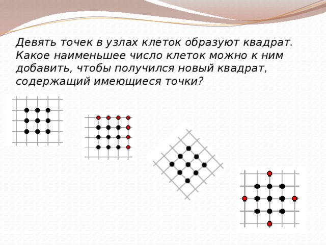 Какое наименьшее число. Девять точек в узлах клеток образуют квадрат. 9 Точек образуют квадрат. 9 Точек в квадрате. Задача 9 точек в квадрате.