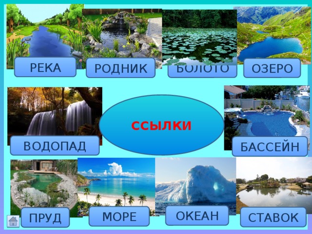 РЕКА БОЛОТО РОДНИК ОЗЕРО ССЫЛКИ ВОДОПАД БАССЕЙН ОКЕАН МОРЕ СТАВОК ПРУД 