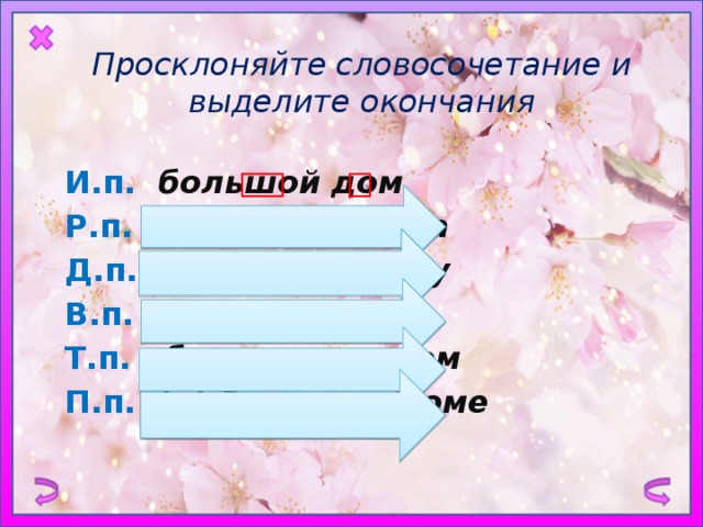 Просклоняйте словосочетание и выделите окончания  И.п. большой дом Р.п. большого дома Д.п. большому дому В.п. большой дом Т.п. большим домом П.п. ( о) большом доме 