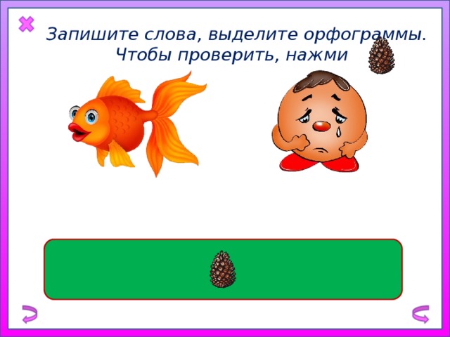Запишите слова, выделите орфограммы. Чтобы проверить, нажми з оло тая грус т ный к оло бок ры б ка 