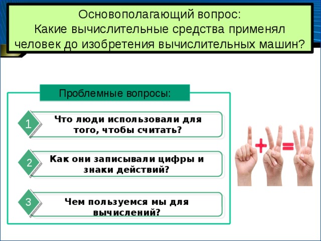 Основополагающий вопрос: Какие вычислительные средства применял человек до изобретения вычислительных машин? Проблемные вопросы: Что люди использовали для того, чтобы считать? 1 Как они записывали цифры и знаки действий? 2 3 Чем пользуемся мы для вычислений? 