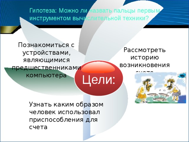 Гипотеза: Можно ли назвать пальцы первым инструментом вычислительной техники? Познакомиться с устройствами, являющимися предшественниками компьютера Рассмотреть историю возникновения счета Цели: Узнать каким образом человек использовал приспособления для счета 
