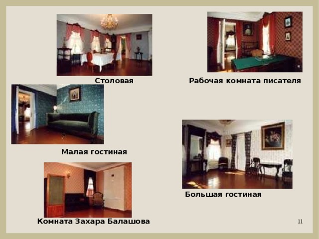 Столовая Рабочая комната писателя Малая гостиная Большая гостиная Комната Захара Балашова 