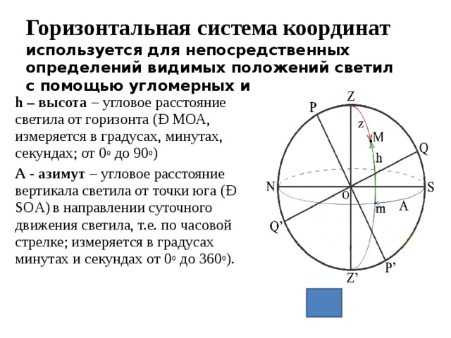 Горизонтальная система координат  используется для непосредственных определений видимых положений светил с помощью угломерных инструментов h – высота – угловое расстояние светила от горизонта (Ð МОА, измеряется в градусах, минутах, секундах; от 0 о до 90 о ) А - азимут – угловое расстояние вертикала светила от точки юга (Ð SOА)  в направлении суточного движения светила, т.е. по часовой стрелке; измеряется в градусах минутах и секундах от 0 о до 360 о ). 
