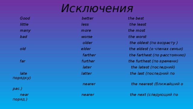 Much more older. Исключения good better the best. Bad worse the worst исключения. Good исключение. Good better the best таблица исключения.