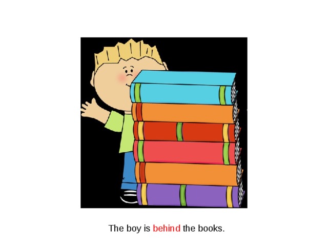 The boy is behind the books. 