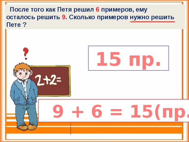 После того как Петя решил 6 примеров, ему осталось решить 9 . Сколько примеров нужно решить Пете ?  15 пр.   9 + 6 = 15(пр.) 