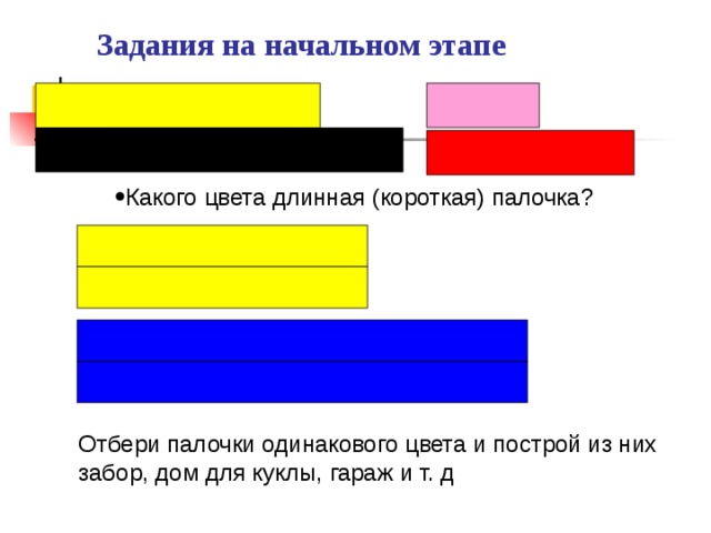 Задания на начальном этапе Какого цвета длинная (короткая) палочка? Отбери палочки одинакового цвета и построй из них забор, дом для куклы, гараж и т. д 