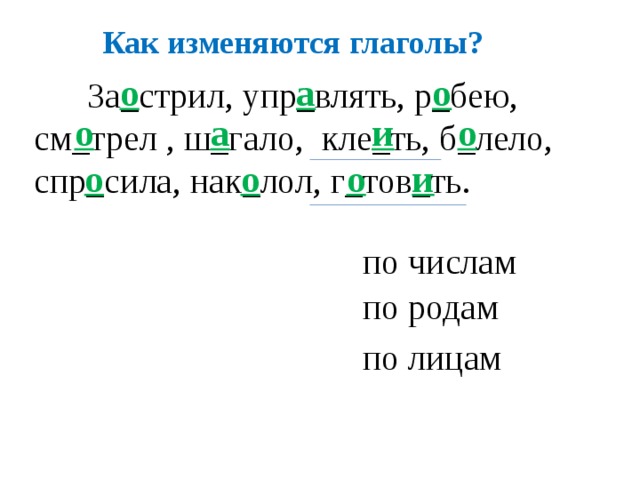 Как изменяются глаголы? о а о  За_стрил, упр_влять, р_бею, см_трел , ш_гало, кле_ть, б_лело, спр_сила, нак_лол, г_тов_ть. о а и о о и о о по числам по родам по лицам 