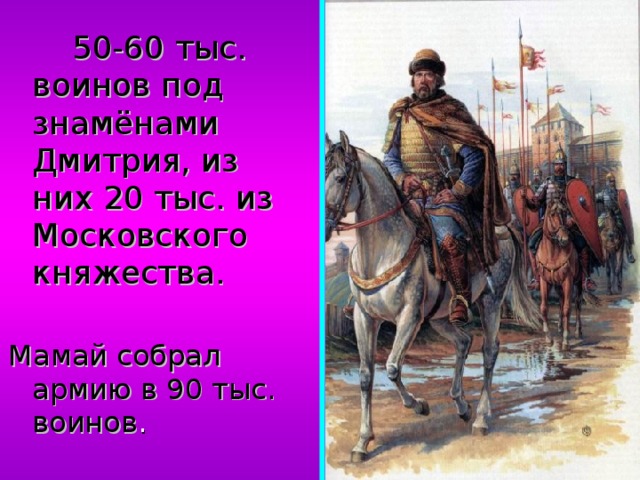  50-60 тыс. воинов под знамёнами Дмитрия, из них 20 тыс. из Московского княжества. Мамай собрал армию в 90 тыс. воинов . 