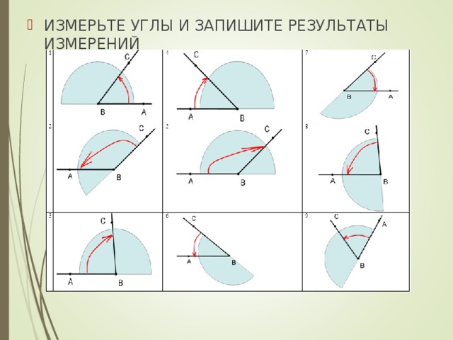 Измерьте углы изображенные на рисунке и запишите результаты измерений 5 класс