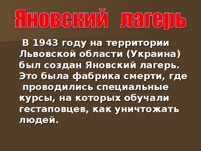  В 1943 году на территории Львовской области (Украина) был создан Яновский лагерь. Это была фабрика смерти, где проводились специальные курсы, на которых обучали гестаповцев, как уничтожать людей.  