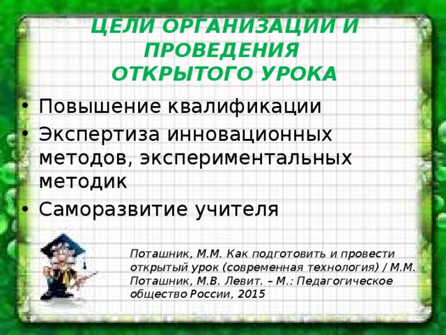 ЦЕЛИ ОРГАНИЗАЦИИ И ПРОВЕДЕНИЯ  ОТКРЫТОГО УРОКА Повышение квалификации Экспертиза инновационных методов, экспериментальных методик Саморазвитие учителя Поташник, М.М. Как подготовить и провести открытый урок (современная технология) / М.М. Поташник, М.В. Левит. – М.: Педагогическое общество России, 2015 