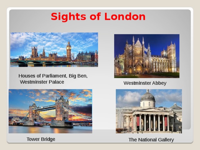 Sights of London Houses of Parliament, Big Ben,  Westminster Palace   Westminster Abbey Tower Bridge The National Gallery 