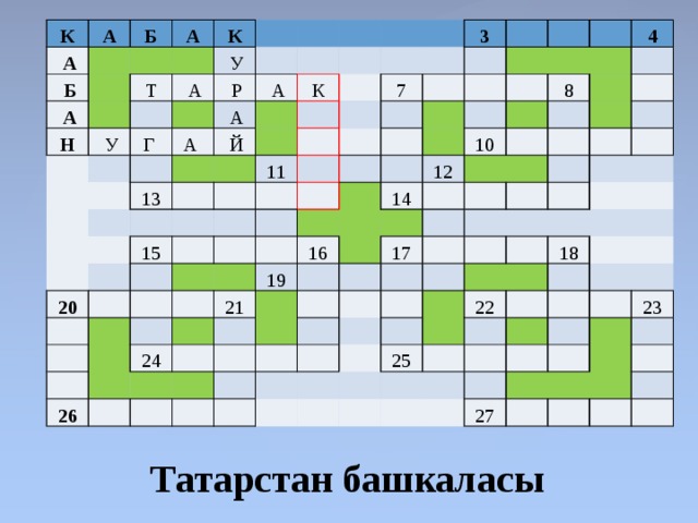 К А   А   Б   Б   А     А Н     К Т   У   У   А   Г    Р   А      А   А     13   Й К           11 20 3   15 7                                                                           19 16   4   21 10   26   14 12   24 8                                                     17                                               22 25 18                       23     27                       Татарстан башкаласы 