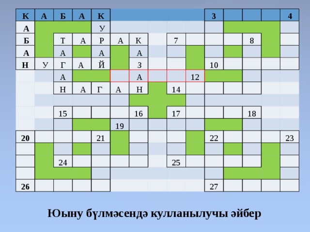 К А   А   Б   Б   А   А   Н     К Т   У   У   А А Г   Р     А А  А   А Н   Й К       А       А Г  20 3   З 15 7   А А                        Н                                                 21 4     19   26 16 10 12   14 24   8                                             17                                                     22   18 25                       27     23                       Юыну бүлмәсендә кулланылучы әйбер 