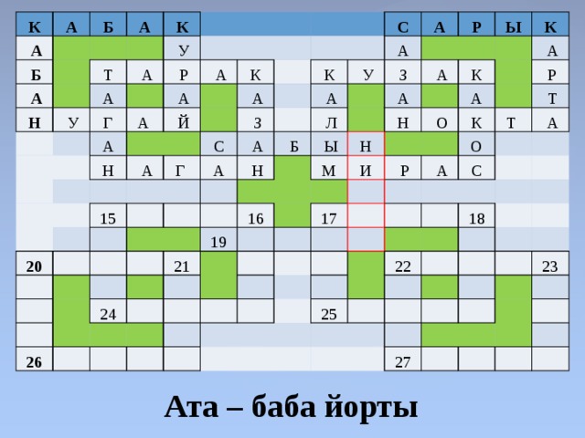 К   А А   Б   Б     А   А Н     К Т   У   У А   А Г   Р     А А А    А   Н К   Й         А   А 20   З Г  С С К 15   А   А А   А   А       У       Н     Б   Л       З Р           А А       Ы   Ы       16 21   19 Н М 26     Н   К К 24     О           А   И       А             Р       Р       К   17   А   О       Т    Т         А   С                   22 25 18                       23     27                       Ата – баба йорты 