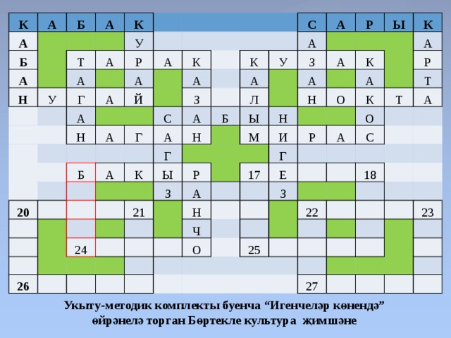К А А Б Б А А К Н Т У У А А Г Р А А А А Н Й К А А С С Г З 20 К Б А А А А А А У Н Б К Р Л Г З Ы Ы А Ы А М З Р Н Н 21 К 26 24 К А О И А А Н Р 17 К Г Р А Ч Е О Т Т С З А О 22 18 25 27 23 Укыту-методик комплекты буенча “Игенчеләр көнендә” өйрәнелә торган Бөртекле культура җимшәне 