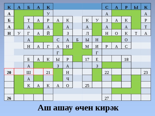 К А А Б Б А А К Н Т У У А А Р Г А А А А К Н Й А А С Г 20 З С Б К А А А А А А У А Н Р Ш Г Л Б З К Ы А Ы Ы А А Н Н З 26 М Р К 21 К К А И А О А А Н Р Г 17 К К Р Ч А А Т Е О Т З С А О 22 18 25 27 23  Аш ашау өчен кирәк 