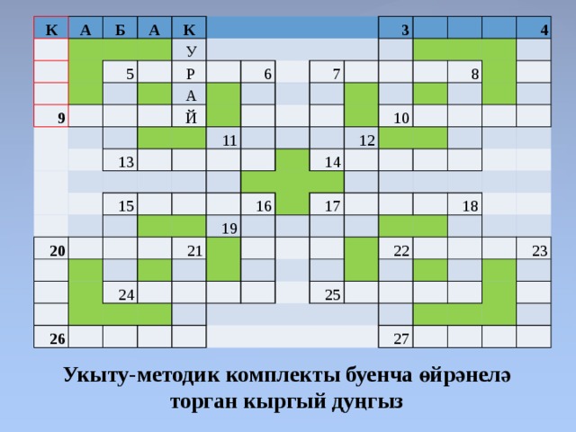 К А     Б     А     9     К 5     У         Р         А       13   Й 6           11 20 3   15 7                                                                           19 16   4   21 10   26   14 12   24 8                                               17                                                 22     18 25                       27   23                         Укыту-методик комплекты буенча өйрәнелә торган кыргый дуңгыз 