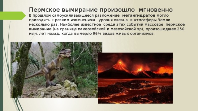 Пермское вымирание произошло мгновенно  В прошлом самоусиливающееся разложение метангидратов могло приводить к резким изменениям уровня океана и атмосферы Земли несколько раз. Наиболее известное среди этих событий массовое пермское вымирание (на границе палеозойской и мезозойской эр), произошедшее 250 млн. лет назад, когда вымерло 96% видов живых организмов. 