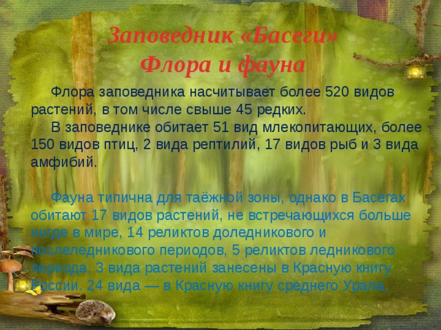 Заповедник «Басеги» Флора и фауна  Флора заповедника насчитывает более 520 видов растений, в том числе свыше 45 редких.  В заповеднике обитает 51 вид млекопитающих, более 150 видов птиц, 2 вида рептилий, 17 видов рыб и 3 вида амфибий.  Фауна типична для таёжной зоны, однако в Басегах обитают 17 видов растений, не встречающихся больше нигде в мире, 14 реликтов доледникового и послеледникового периодов, 5 реликтов ледникового периода, 3 вида растений занесены в Красную книгу России. 24 вида — в Красную книгу среднего Урала. 