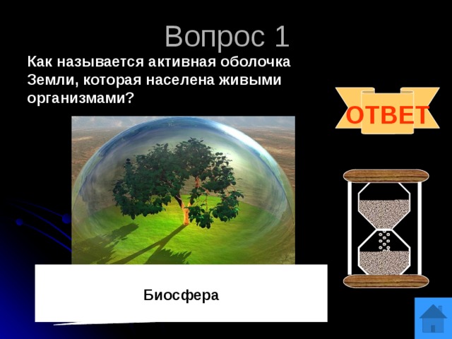 Вопрос 1 Как называется активная оболочка Земли, которая населена живыми организмами?  ОТВЕТ  Биосфера 