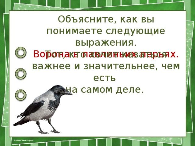 Объясните, как вы понимаете следующие выражения. Ворона в павлиньих перьях. Тот, кто хочет казаться важнее и значительнее, чем есть на самом деле.