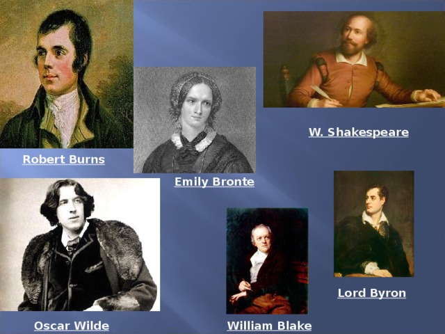 W. Shakespeare  Robert Burns  Emily Bronte  Lord Byron  William Blake  Oscar Wilde