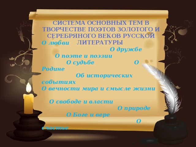 система основных тем в ТВОРЧЕСТВЕ ПОЭТОВ Золотого и серебряного веков русской литературы О любви  О дружбе  О поэте и поэзии  О судьбе О Родине  Об исторических событиях О вечности мира и смысле жизни   О свободе и власти  О природе  О Боге и вере  О счастье  