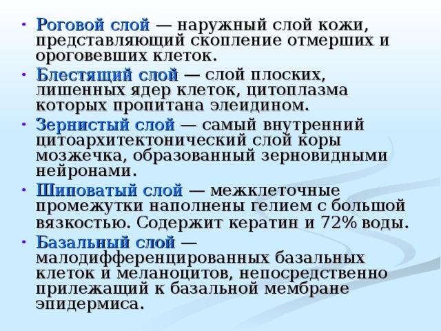 Роговой слой — наружный слой кожи, представляющий скопление отмерших и ороговевших клеток. Блестящий слой — слой плоских, лишенных ядер клеток, цитоплазма которых пропитана элеидином.  Зернистый слой — самый внутренний цитоархитектонический слой коры мозжечка, образованный зерновидными нейронами. Шиповатый слой — межклеточные промежутки наполнены гелием с большой вязкостью. Содержит кератин и 72% воды.  Базальный слой — малодифференцированных базальных клеток и меланоцитов, непосредственно прилежащий к базальной мембране эпидермиса.  