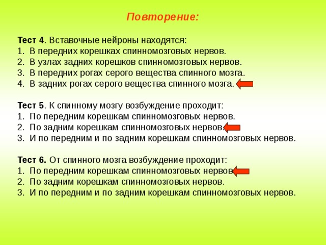 Повторение: Тест 4 . Вставочные нейроны находятся: В передних корешках спинномозговых нервов. В узлах задних корешков спинномозговых нервов. В передних рогах серого вещества спинного мозга. В задних рогах серого вещества спинного мозга.  Тест 5 . К спинному мозгу возбуждение проходит: По передним корешкам спинномозговых нервов. По задним корешкам спинномозговых нервов. И по передним и по задним корешкам спинномозговых нервов.  Тест 6. От спинного мозга возбуждение проходит: По передним корешкам спинномозговых нервов. По задним корешкам спинномозговых нервов. И по передним и по задним корешкам спинномозговых нервов. 