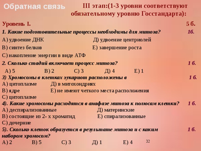  III этап:(1-3 уровни соответствуют обязательному уровню Госстандарта): Обратная связь Уровень I. 5 б. 1. Какие подготовительные процессы необходимы для митоза? 1б. А) удвоение ДНК Д) удвоение центриолей В) синтез белков Е) завершение роста С) накопление энергии в виде АТФ 2.  Сколько стадий включает процесс митоза? 1 б.  А) 5 В) 2 С) 3 Д) 4 Е) 1 3) Хромосомы в клетках эукариот расположены в 1 б. А) цитоплазме Д) в митохондриях В) ядре Е) не имеют четкого места расположения С) цитоплазме 4). Какие хромосомы расходятся в анафазе митоза к полюсам клетки? 1 б. А) деспирализованные Д) материнские В) состоящие из 2- х хроматид Е) спирализованные С) дочерние 5). Сколько клеток образуется в результате митоза и с каким 1 б. набором хромосом? А) 2 В) 5 С) 3 Д) 1 Е) 4   