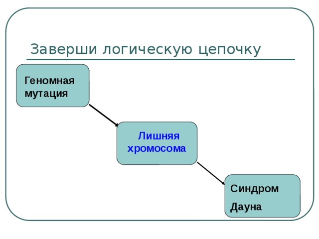 Заверши логическую цепочку Геномная мутация  Лишняя хромосома Синдром Дауна 