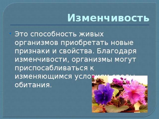 Изменчивость Это способность живых организмов приобретать новые признаки и свойства. Благодаря изменчивости, организмы могут приспосабливаться к изменяющимся условиям среды обитания. 