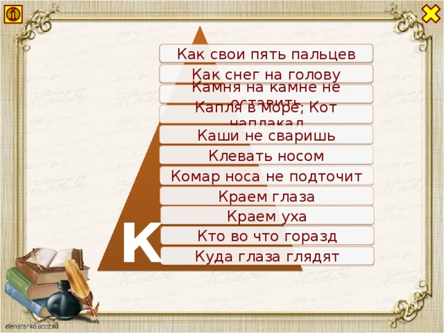 Как свои пять пальцев Как снег на голову Камня на камне не оставить Капля в море; Кот наплакал Каши не сваришь Клевать носом Комар носа не подточит Краем глаза К Краем уха Кто во что горазд Куда глаза глядят