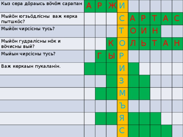 Кыз сера дöраысь вöчöм сарапан Мыйöн югзьöдлiсны важ керка пытшкöс? А Мыйöн чирсiсны тусь? Р Мыйöн гудралiсны нöк и вöчисны вый? Ж Мыйын чирсiсны тусь? И Важ керкаын пукаланiн. С Г К Т А Ы О О Р Р И Л Т И Ь Н А З С Т М А Ъ Н Я С 