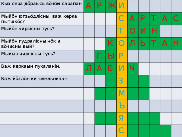 Кыз сера дöраысь вöчöм сарапан Мыйöн югзьöдлiсны важ керка пытшкöс? А Мыйöн чирсiсны тусь? Р Мыйöн гудралiсны нöк и вöчисны вый? Ж Мыйын чирсiсны тусь? И Важ керкаын пукаланiн. С Л Г Важ йöзлöн ки «мельнича». Т К А А О Ы Р О Б Р Л И Т И Ь Н А З Ч Т С М А Ъ Н Я С 