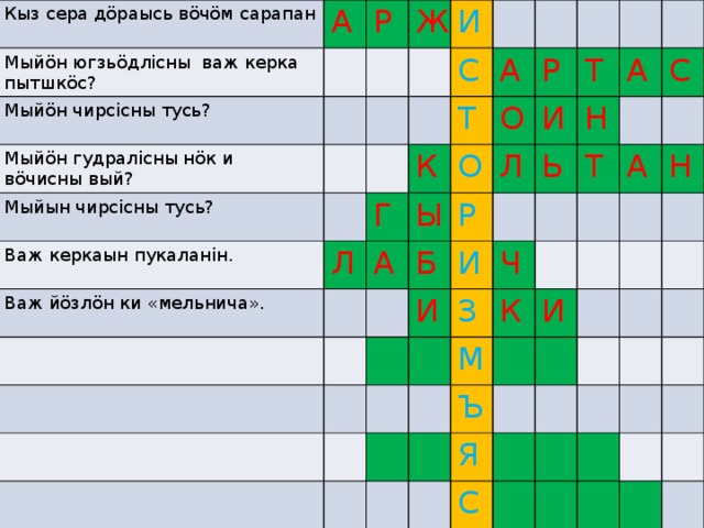 Кыз сера дöраысь вöчöм сарапан Мыйöн югзьöдлiсны важ керка пытшкöс? А Мыйöн чирсiсны тусь? Р Мыйöн гудралiсны нöк и вöчисны вый? Ж Мыйын чирсiсны тусь? И Важ керкаын пукаланiн. С Л Важ йöзлöн ки «мельнича». Г Т К А А Ы О О Р Б Р Л И Т И И Ь Н А З Ч Т С М К А Ъ И Н Я С 