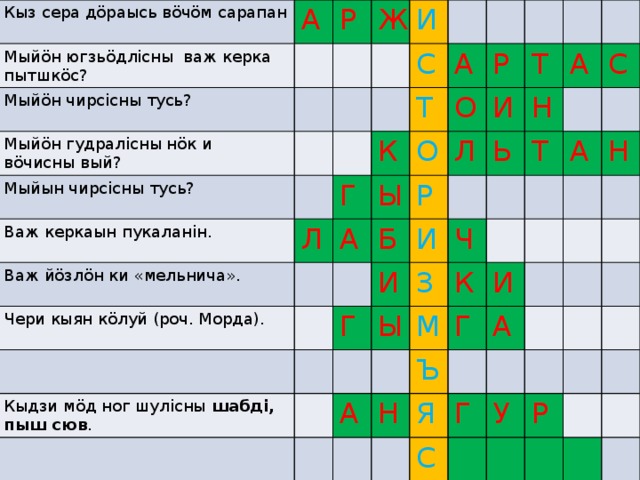 Кыз сера дöраысь вöчöм сарапан Мыйöн югзьöдлiсны важ керка пытшкöс? А Мыйöн чирсiсны тусь? Р Мыйöн гудралiсны нöк и вöчисны вый? Ж Мыйын чирсiсны тусь? И Важ керкаын пукаланiн. С Г Важ йöзлöн ки «мельнича». Л Т К А Чери кыян кöлуй (роч. Морда). А Ы О О Р Р Б Л И Т Кыдзи мӧд ног шулісны шабдi, пыш сюв . Г И И Ь Н А Ы З Ч С Т А М К А Н Ъ Г И Н Я А Г С У Р 