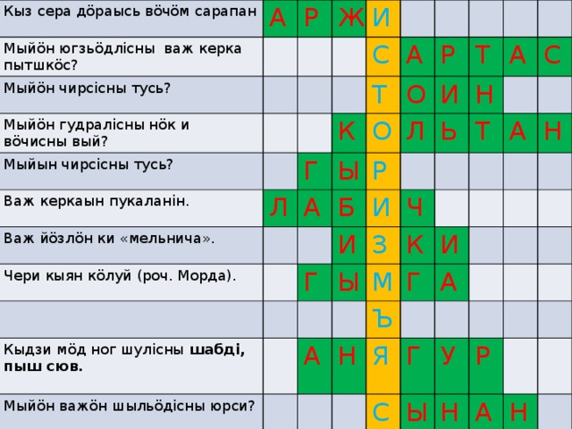 Кыз сера дöраысь вöчöм сарапан Мыйöн югзьöдлiсны важ керка пытшкöс? А Мыйöн чирсiсны тусь? Р Мыйöн гудралiсны нöк и вöчисны вый? Ж Мыйын чирсiсны тусь? И Важ керкаын пукаланiн. С Важ йöзлöн ки «мельнича». Г Л Т К А Чери кыян кöлуй (роч. Морда). А О Ы О Р Б Р И Л Т Кыдзи мӧд ног шулісны шабдi, пыш сюв. Г И И Ь Н А Мыйöн важöн шыльöдiсны юрси? Ы З Ч С Т А М К А Н Ъ И Г Н Я А Г С У Ы Р Н А Н 