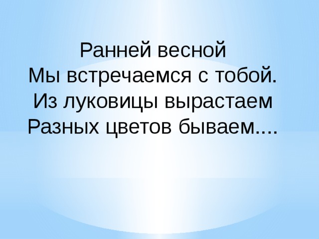 Ранней весной Мы встречаемся с тобой. Из луковицы вырастаем Разных цветов бываем.... 