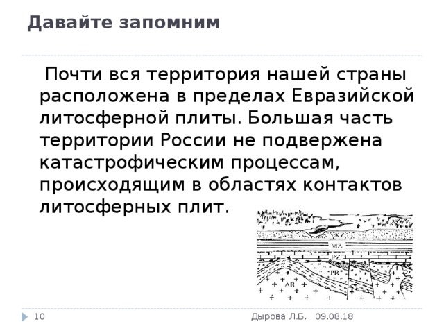 Давайте запомним    Почти вся территория нашей страны расположена в пределах Евразийской литосферной плиты. Большая часть территории России не подвержена катастрофическим процессам, происходящим в областях контактов литосферных плит. 09.08.18  Дырова Л.Б. 