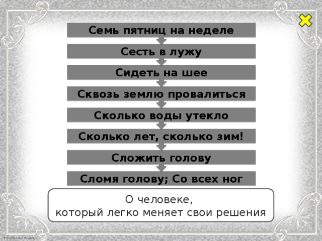 Сложить голову Сколько лет, сколько зим! Сколько воды утекло Сквозь землю провалиться Сидеть на шее Сесть в лужу Семь пятниц на неделе Сломя голову; Со всех ног О человеке, который легко меняет свои решения