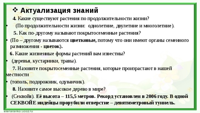 Актуализация знаний  4. Какие существуют растения по продолжительности жизни?  (По продолжительности жизни: однолетние, двулетние и многолетние).  5. Как по-другому называют покрытосеменные растения? (По – другому называются цветковые, потому что они имеют органы семенного размножения - цветок).  6. Какие жизненные формы растений вам известны?  (деревья, кустарники, травы).   7. Назовите покрытосеменные растения, которые произрастают в нашей местности (тополь, подорожник, одуванчик).  8. Назовите самое высокое дерево в мире?   (Секвойя).  Её высота – 115,5 метров. Рекорд установлен в 2006 году. В одной СЕКВОЙЕ индейцы прорубили отверстие – девятиметровый туннель. 