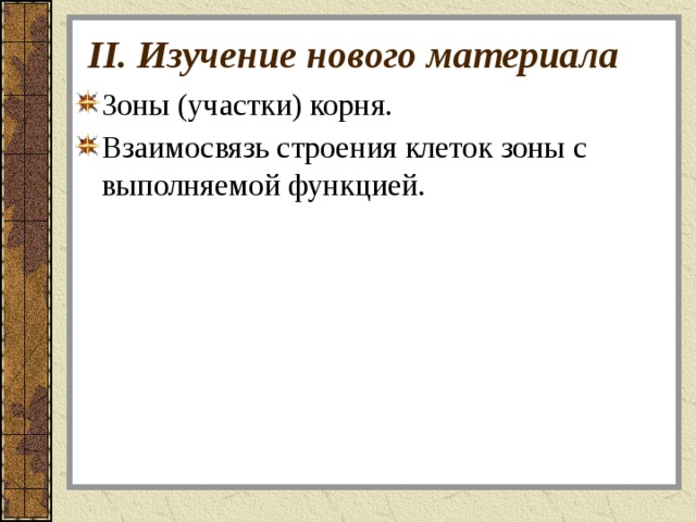 II. Изучение нового материала Зоны (участки) корня. Взаимосвязь строения клеток зоны с выполняемой функцией. 